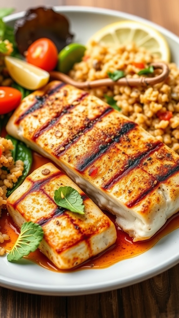 Paprika and cumin rubbed grilled mahi mahi with couscous and lemon