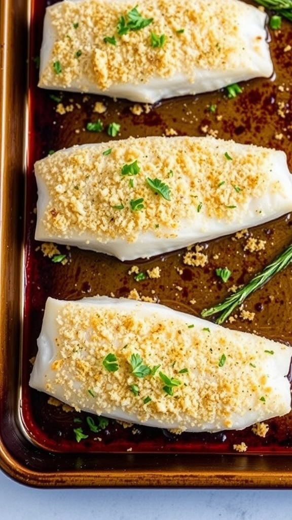 Parmesan crusted flounder fillets with lemon slices on a baking sheet.