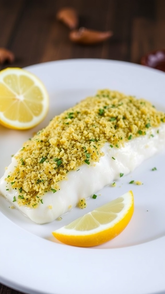 Parmesan herb crusted cod with lemon wedges