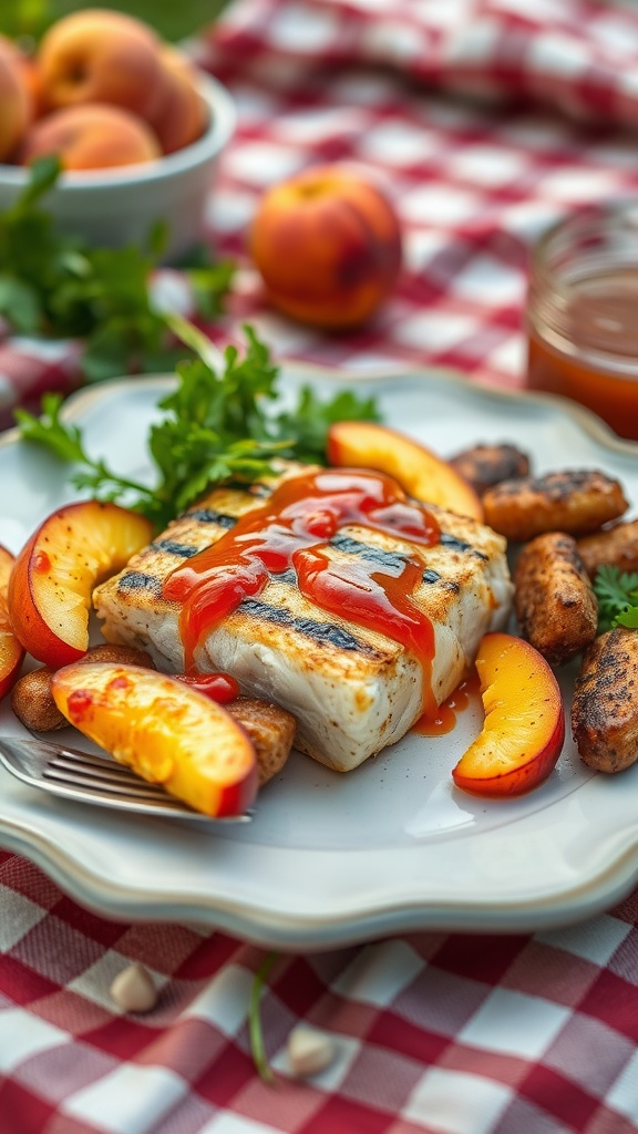 A delicious plate of grilled cod topped with BBQ sauce and served with sliced peaches.