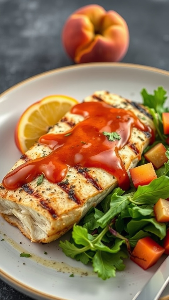 Delicious grilled swordfish topped with peach BBQ sauce, served with a fresh salad and lemon.