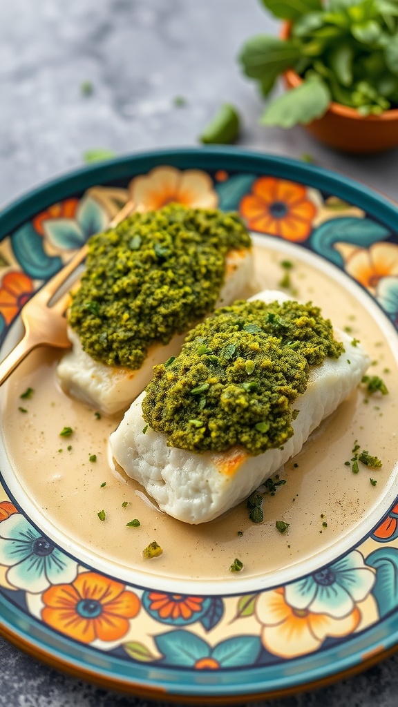 Pesto-Crusted Cod Fillets garnished with herbs on a colorful plate