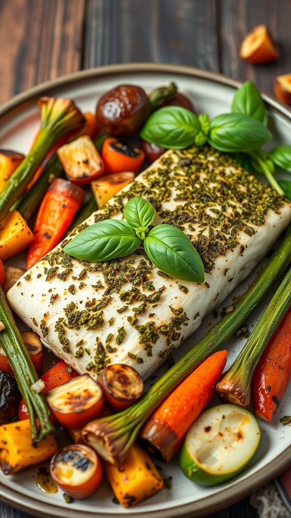 Baked halibut fillets topped with pesto and served with colorful spring vegetables.