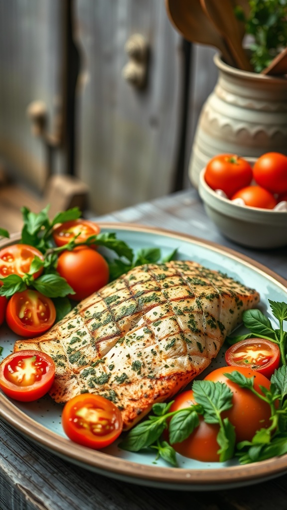Pesto grilled salmon and fresh tomato salad