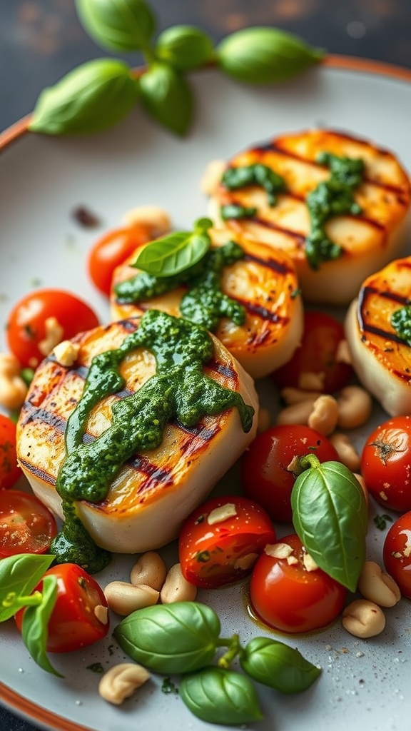 Grilled scallops served with pesto, cherry tomatoes, and basil