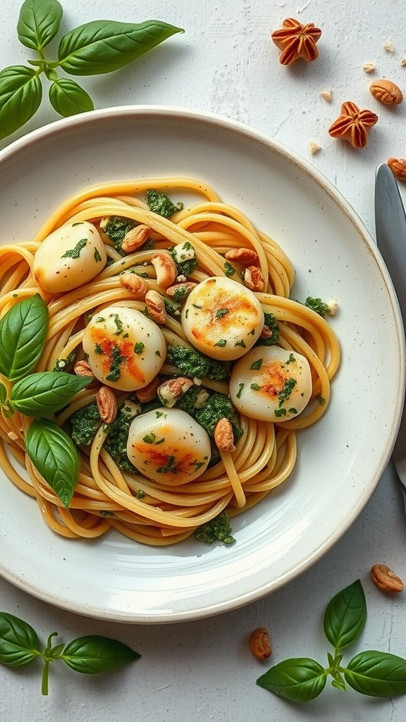 A plate of pasta topped with scallops and pesto, garnished with basil.