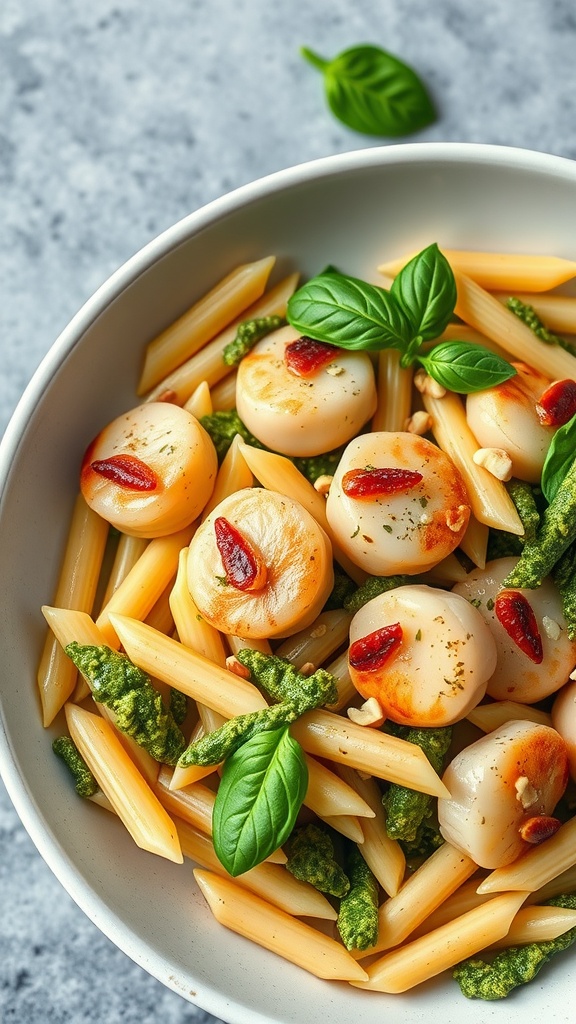 A delicious plate of pesto scallops with penne pasta, garnished with fresh basil.