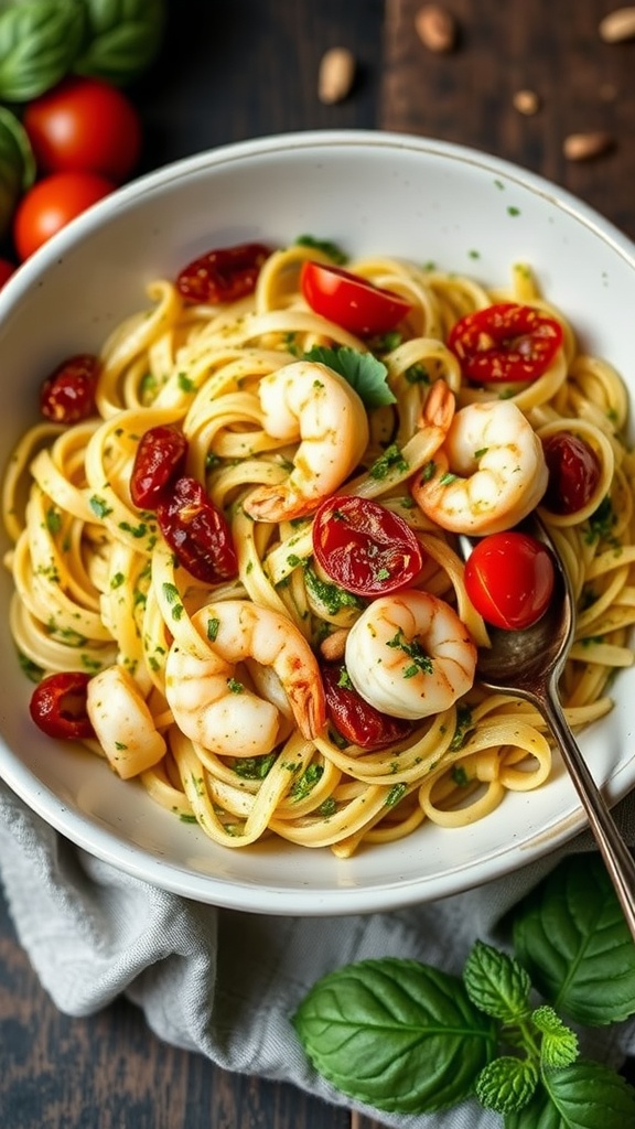 A bowl of pesto shrimp and orzo pasta with cherry tomatoes and basil, served on a colorful table.