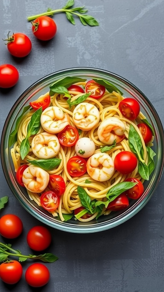 A vibrant shrimp pasta salad with fresh cherry tomatoes and spinach.
