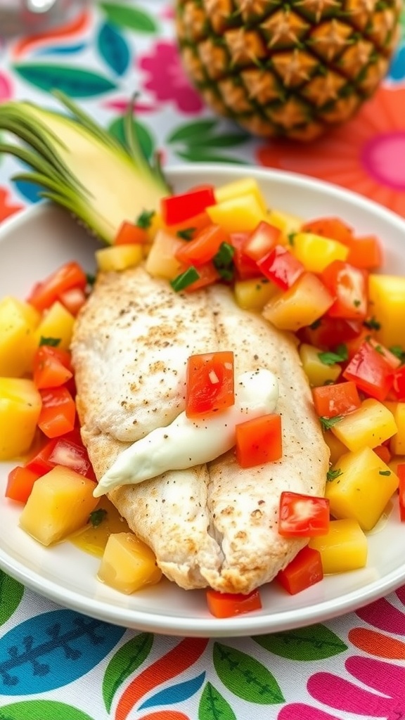 Grilled snapper fillet topped with pineapple and coconut salsa.