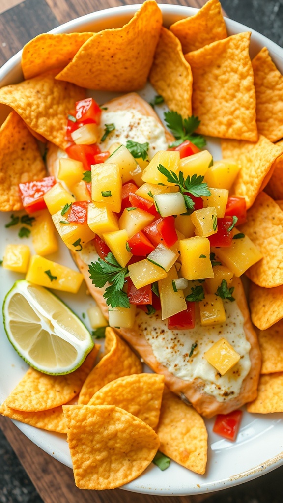 Baked catfish fillets topped with pineapple salsa and served with tortilla chips.