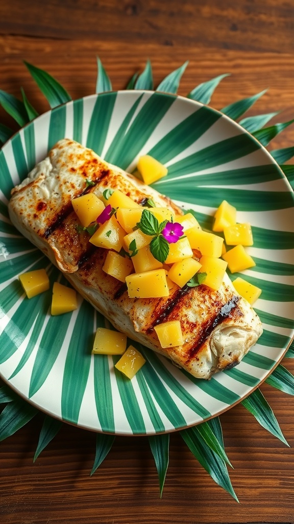 Grilled trout topped with pineapple salsa on a platter with tropical leaves.