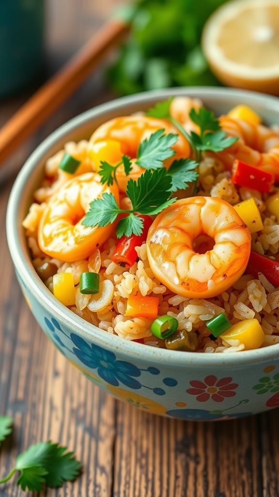 Bowl of pineapple shrimp fried rice with shrimp, colorful vegetables, and cilantro