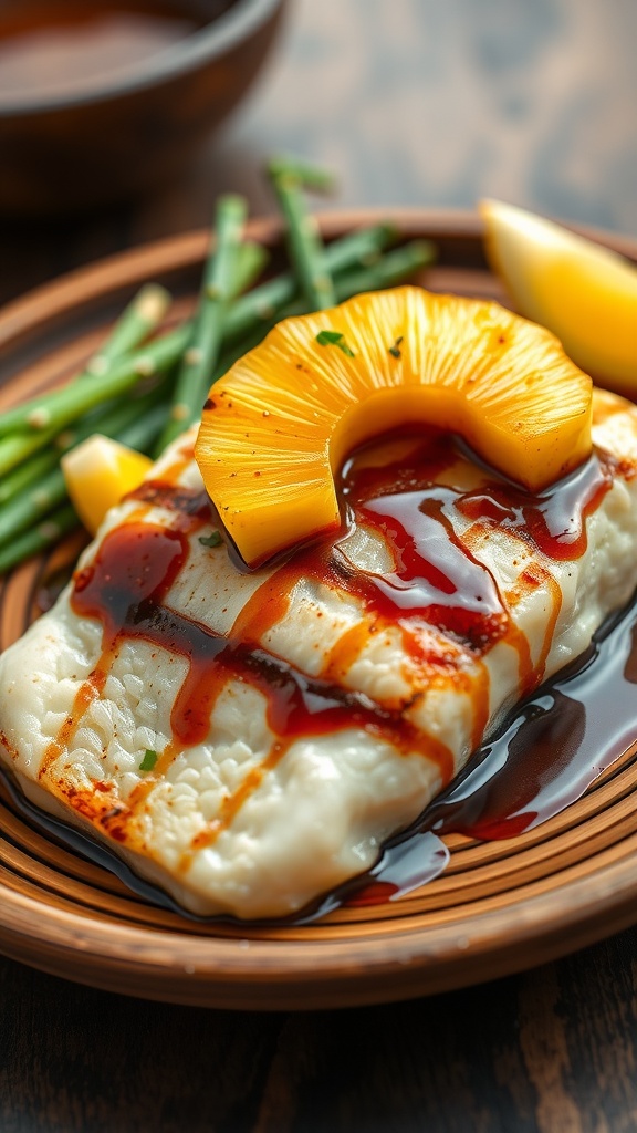 A plate featuring grilled halibut topped with pineapple slices and teriyaki sauce, served with green beans.