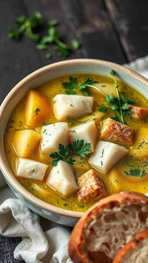 A delicious bowl of fish chowder filled with vegetables and garnished with parsley.