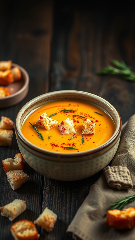 A bowl of creamy roasted garlic lobster bisque topped with croutons and chives