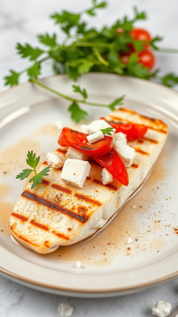 Grilled swordfish topped with roasted red peppers and feta cheese