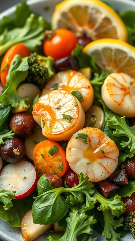 A colorful roasted scallop and vegetable salad with fresh greens, cherry tomatoes, and lemon wedges.