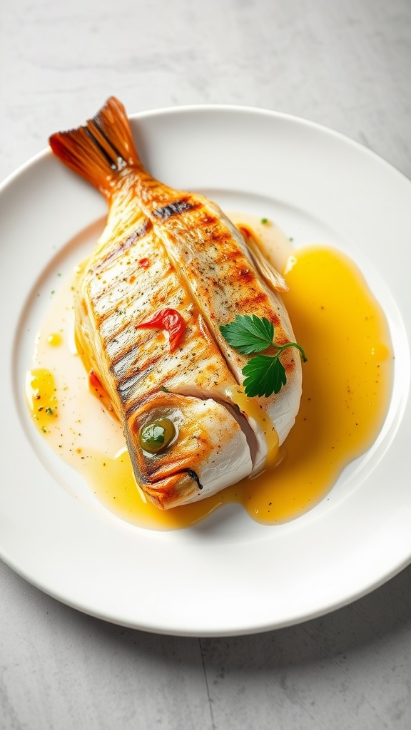 Saffron and garlic marinated grilled Dorado fish on a plate