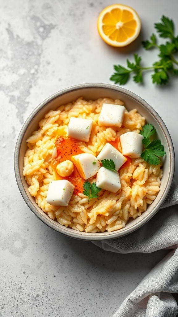Bowl of saffron infused fish risotto with chunks of fish and garnished with parsley.