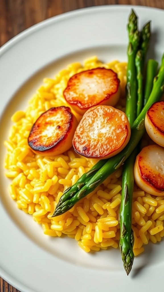 A plate of saffron scallop risotto with asparagus, garnished with parsley and accompanied by lemon wedges.