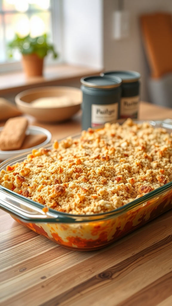 A delicious tuna casserole topped with golden breadcrumbs in a baking dish.