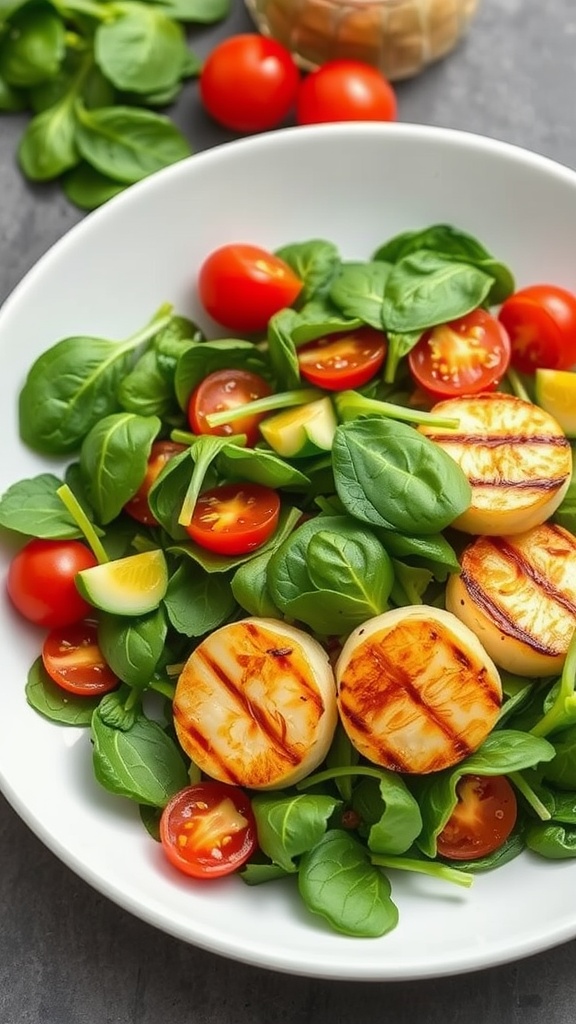 A fresh scallop and spinach salad with lemon vinaigrette, featuring grilled scallops and cherry tomatoes on a bed of spinach.