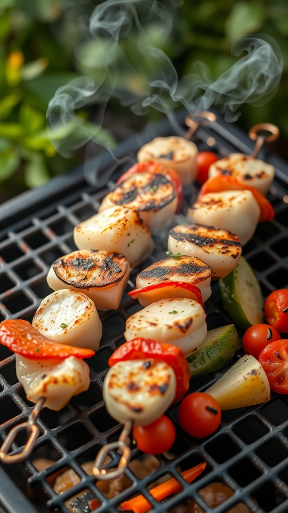 Grilled scallops and vegetables skewers on a grill