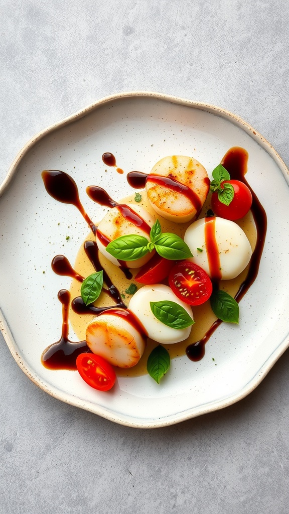 A delicious Scallop Caprese Salad with slices of mozzarella, cherry tomatoes, and fresh basil drizzled with balsamic glaze.