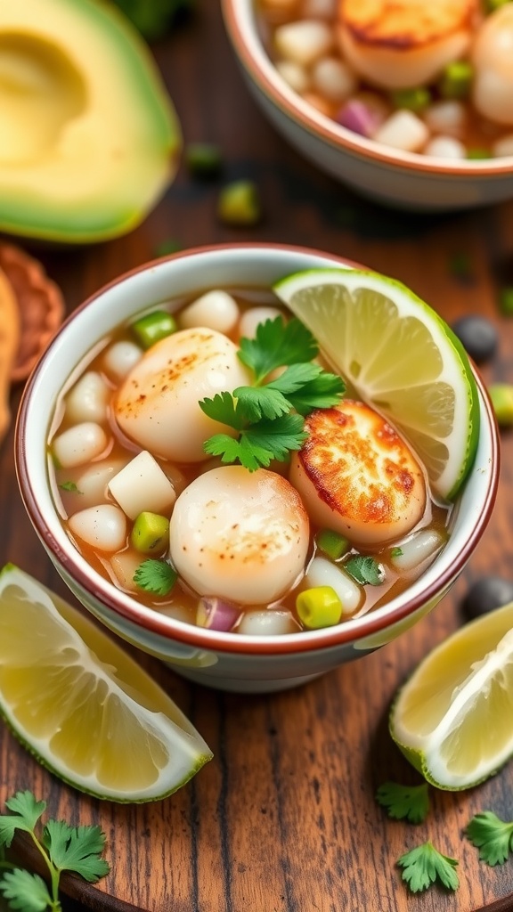 A vibrant bowl of scallop ceviche with avocado, garnished with cilantro and lime.