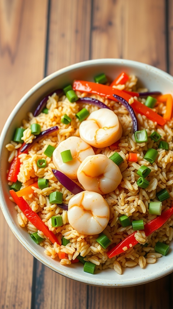 A bowl of scallop fried rice with colorful vegetables and green onions.