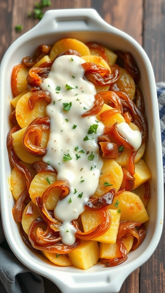 A creamy dish of scalloped potatoes topped with caramelized onions and parsley.