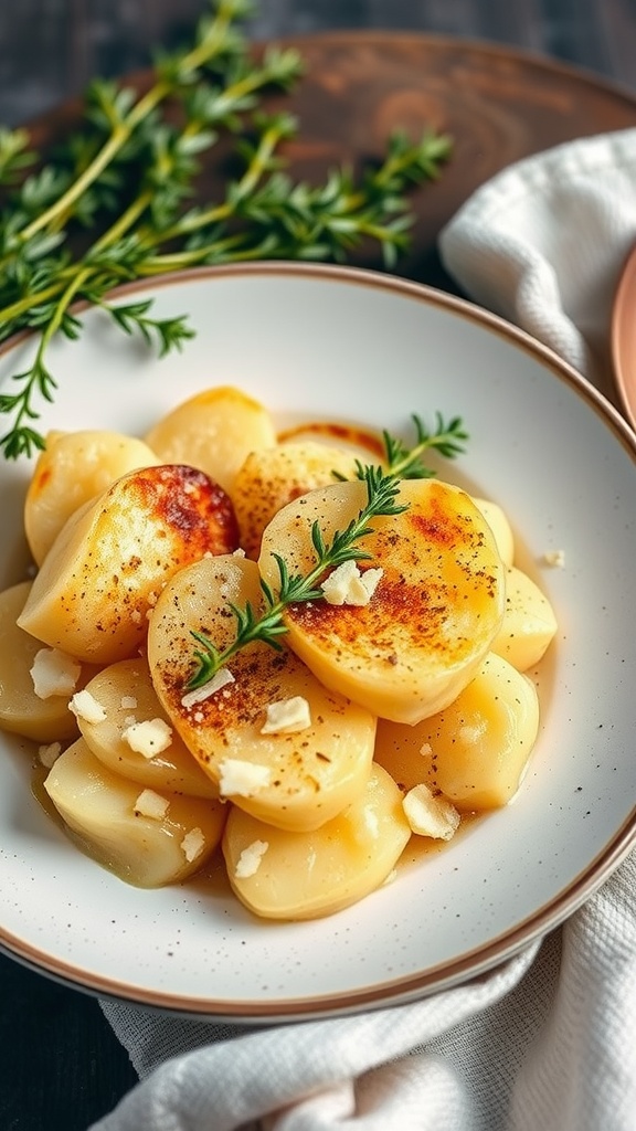 Delicious scalloped potatoes with a creamy texture and topped with Gruyere cheese.