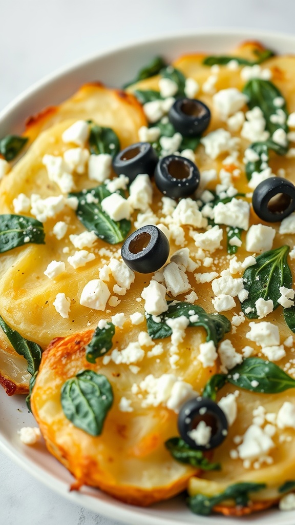 A plate of scalloped potatoes with spinach and feta topped with black olives.