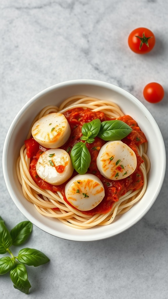 A bowl of orzo pasta topped with scallops in tomato basil sauce, garnished with fresh basil leaves.
