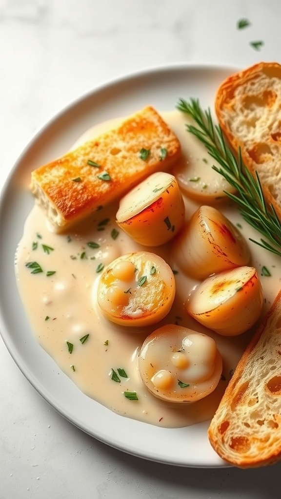Delicious scallops in white wine sauce served with bread
