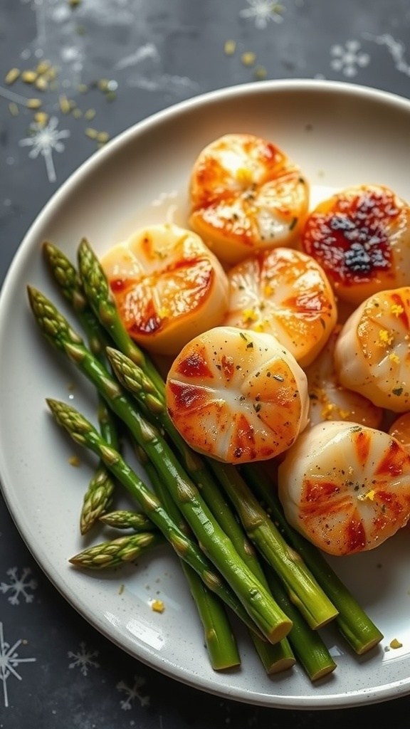 Delicious scallops served with asparagus and garnished with lemon zest
