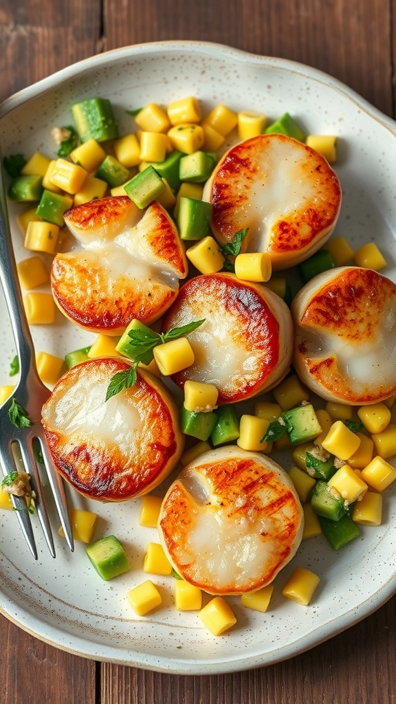 Delicious scallops served with fresh corn and avocado salsa on a plate.