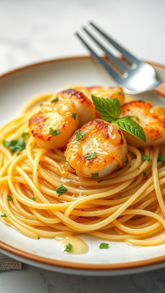 Plate of lemon garlic spaghetti topped with seared scallops and fresh parsley.