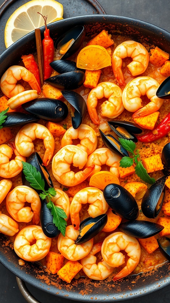 A colorful seafood paella with shrimp, mussels, and saffron.