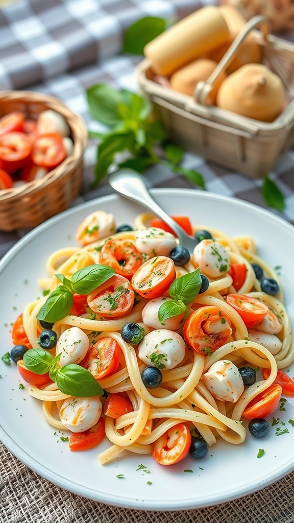 A colorful seafood pasta salad with shrimp, cherry tomatoes, and basil pesto.