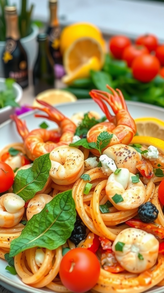 A vibrant plate of seafood pasta with shrimp, scallops, and fresh vegetables, garnished with citrus.