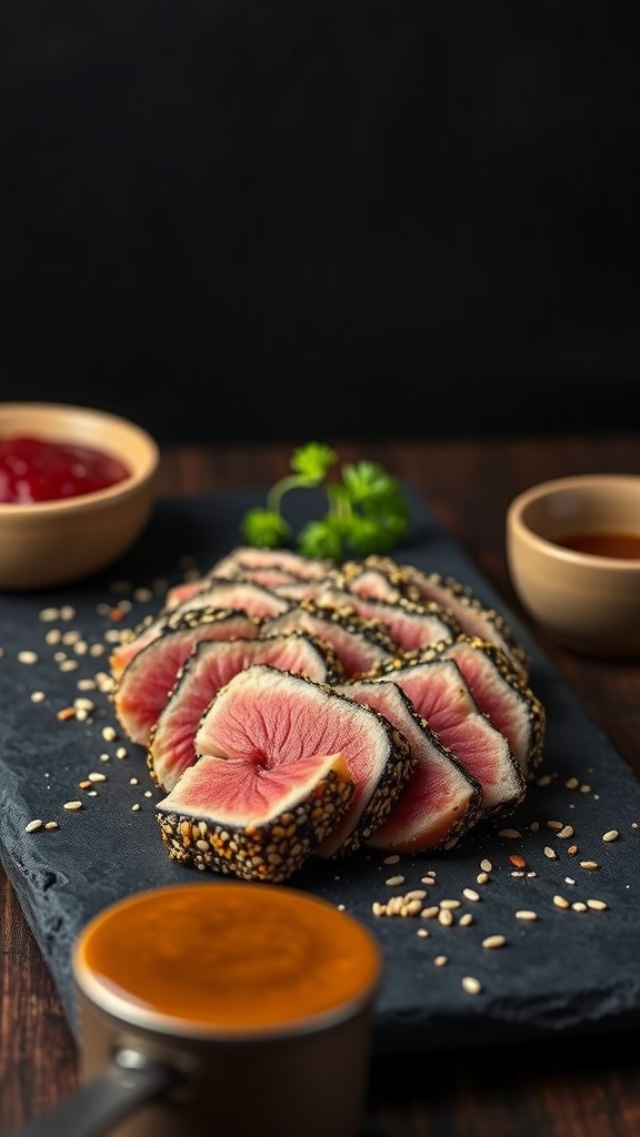 Seared Ahi Tuna with a sesame crust served with dipping sauces.