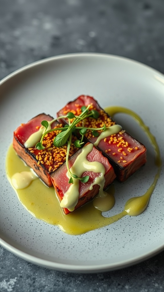 A beautifully plated dish of sesame-crusted tuna with wasabi aioli, showcasing vibrant colors and textures.