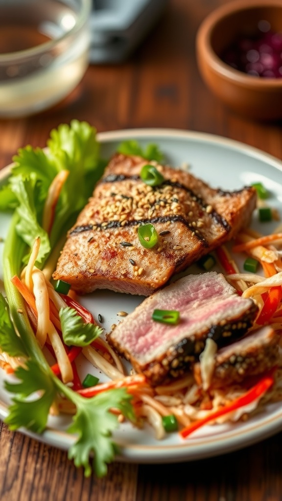 A plate of sesame crusted tuna served with colorful Asian slaw
