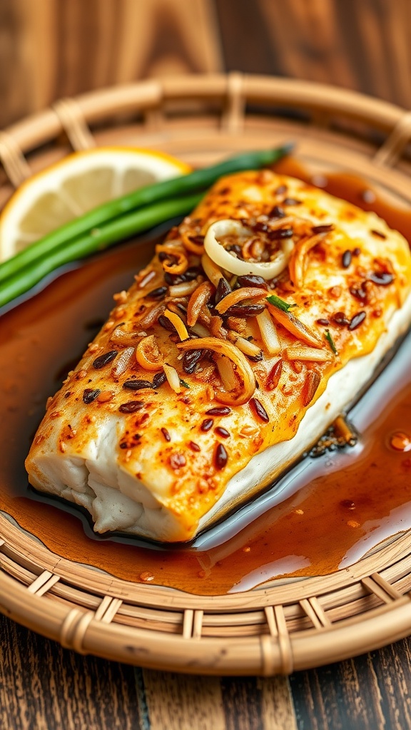 A delicious plate of sesame ginger cod topped with crunchy breadcrumbs and served with green onions and lemon slices.