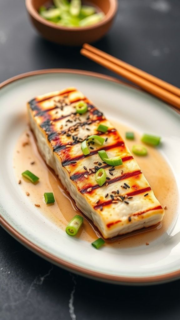 Grilled cod fillets garnished with sesame seeds and green onions on a plate.