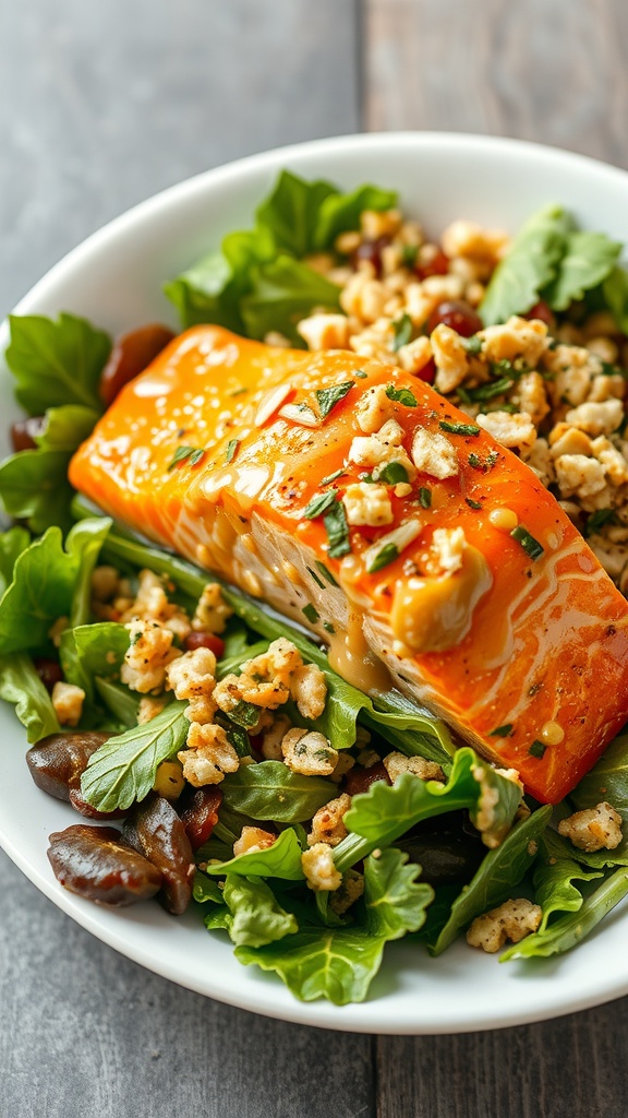 A delicious sesame ginger salmon salad featuring greens, cucumbers, and cherry tomatoes.