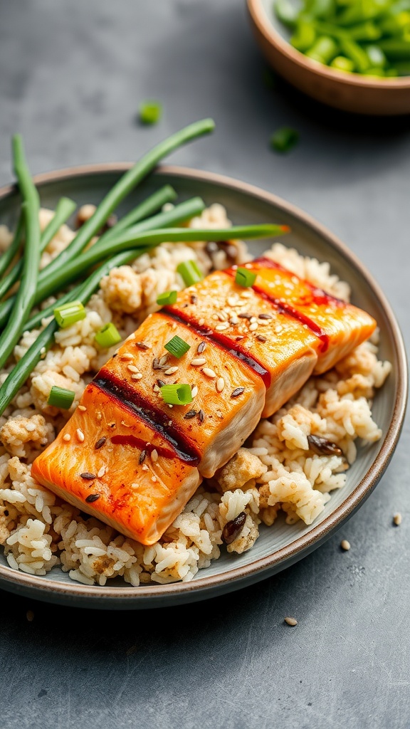 Delicious sesame ginger salmon served on a bed of rice, garnished with green onions.