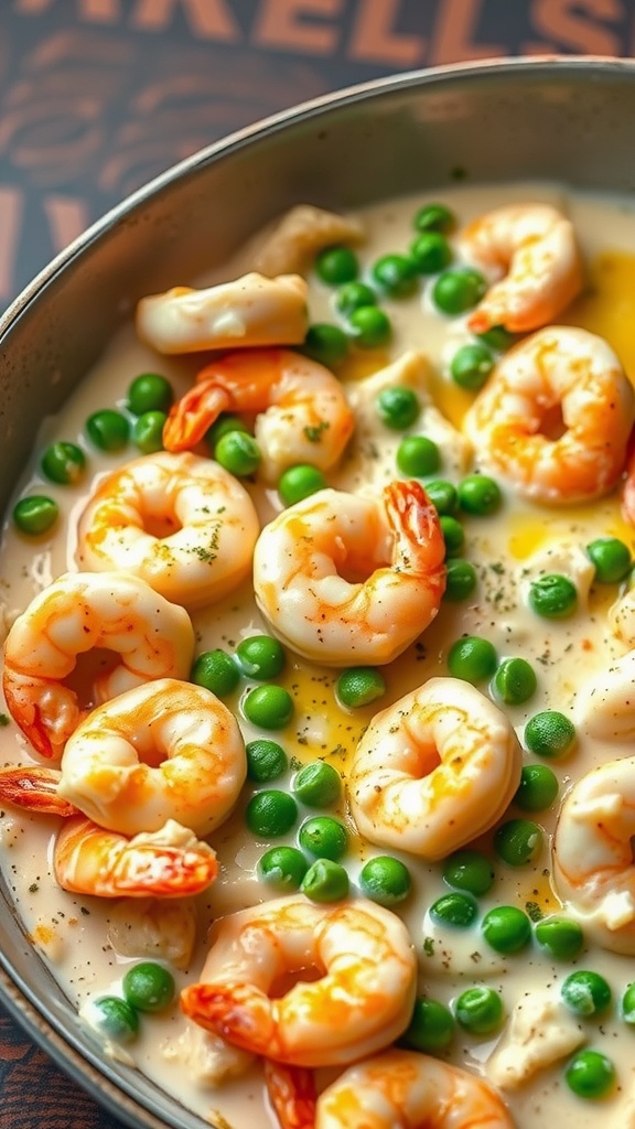 A creamy shrimp alfredo pasta dish with fresh green peas.